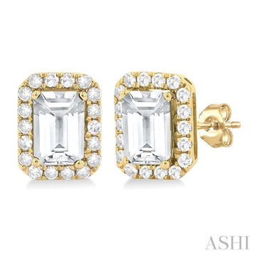 6x4 MM Octagonal Shape White Topaz and 1/4 Ctw Round Cut Diamond Halo Semi-Precious Stud Earrings in 14K Yellow Gold